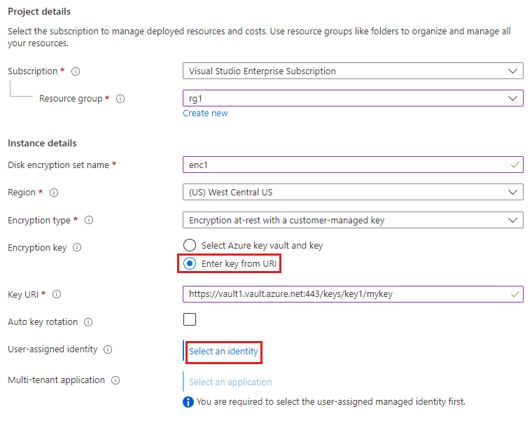 Captura de tela mostrando como inserir os detalhes do projeto e da instância para criar um novo conjunto de criptografia de disco.