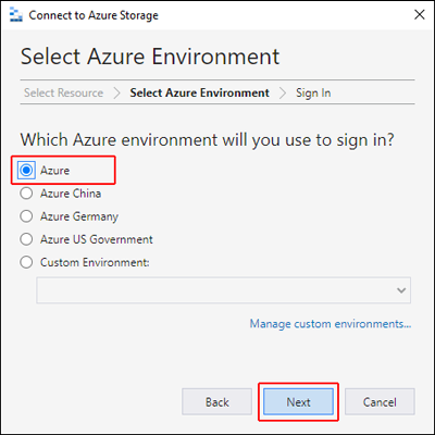 Captura de tela do Gerenciador de Armazenamento do Azure que realça a localização da opção Ambiente do Azure.