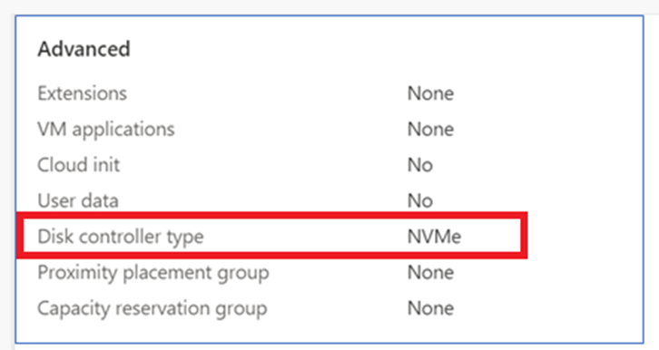 Captura de tela da área de revisão e verificação de recursos avançados de uma máquina virtual, incluindo o recurso NVMe.