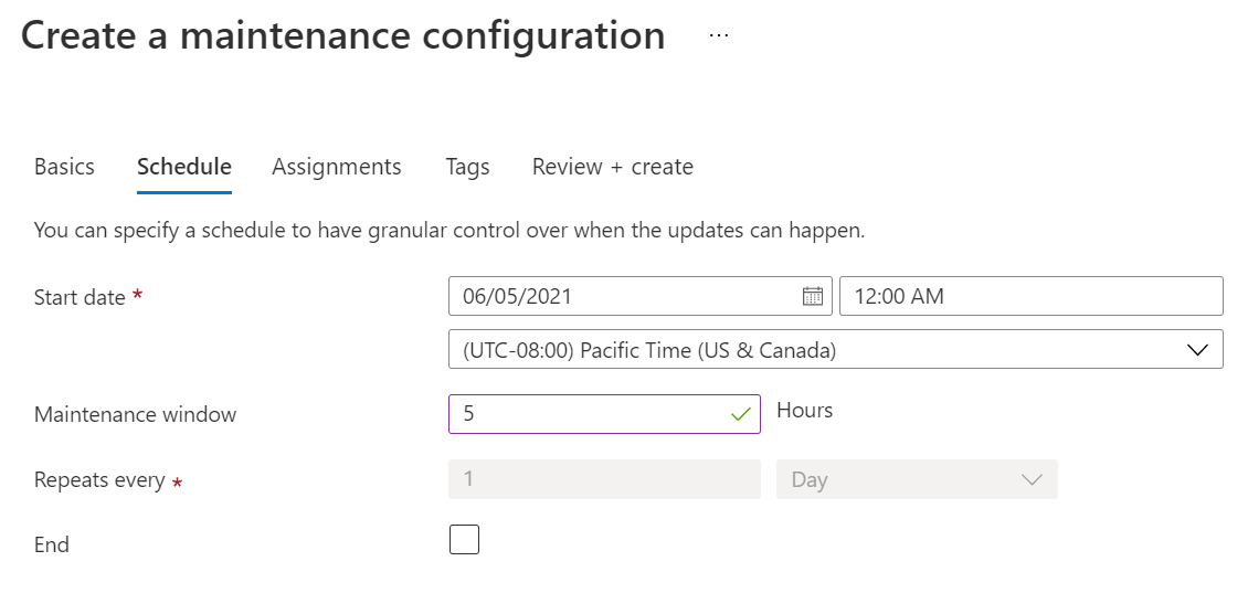 Captura de tela mostrando o agendamento da configuração de manutenção