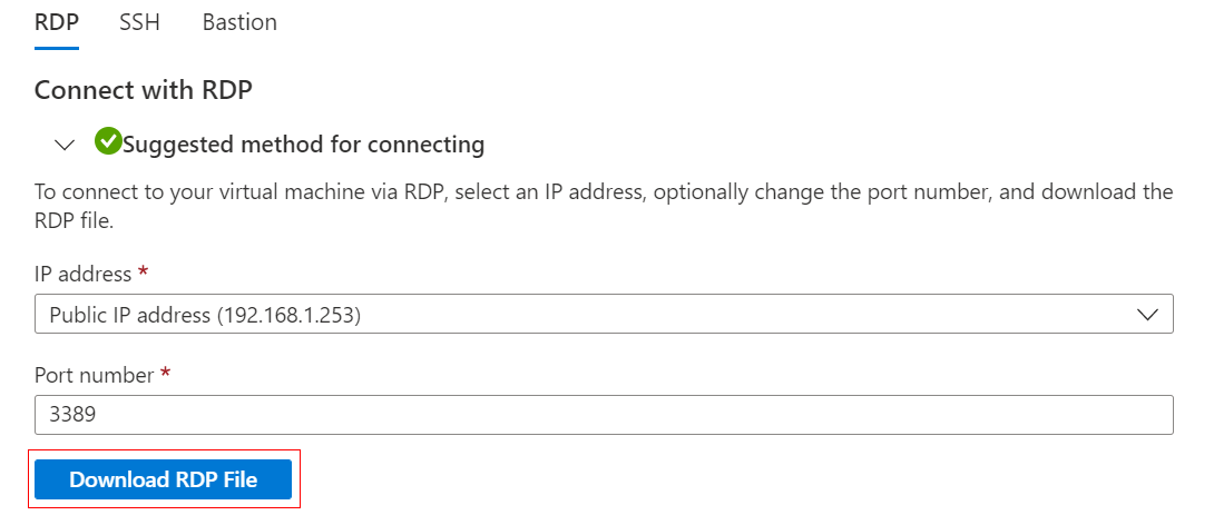 Captura de tela mostrando as configurações de área de trabalho remota e o botão Baixar arquivo RDP.