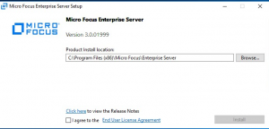 A captura de tela mostra a caixa de diálogo do Micro Focus Enterprise Server onde é possível iniciar a instalação.