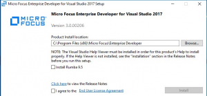 Caixa de diálogo de configuração do Micro Focus Enterprise Developer para Visual Studio 2017