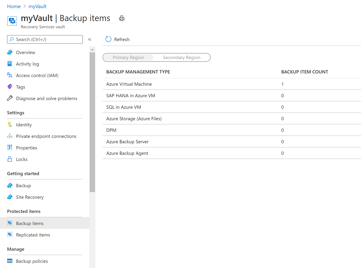 Captura de tela que mostra seleções para um item de backup de máquina virtual para um cofre dos Serviços de Recuperação.