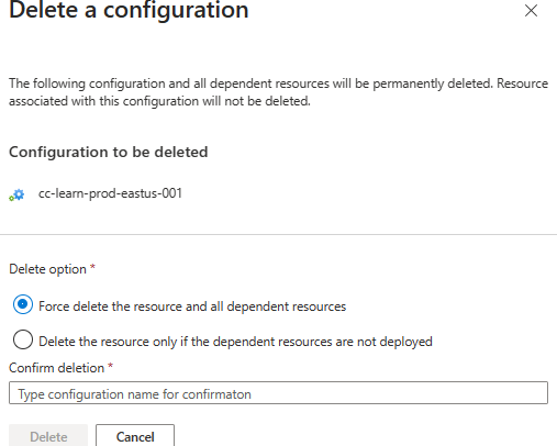 Captura de tela do painel para excluir uma configuração.