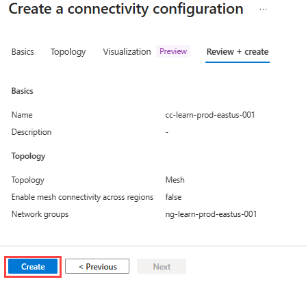 Captura de tela da guia para revisar e criar uma configuração de conectividade.