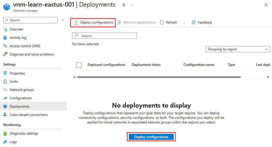 Captura de tela do painel para implantações no Gerenciador de Rede Virtual.