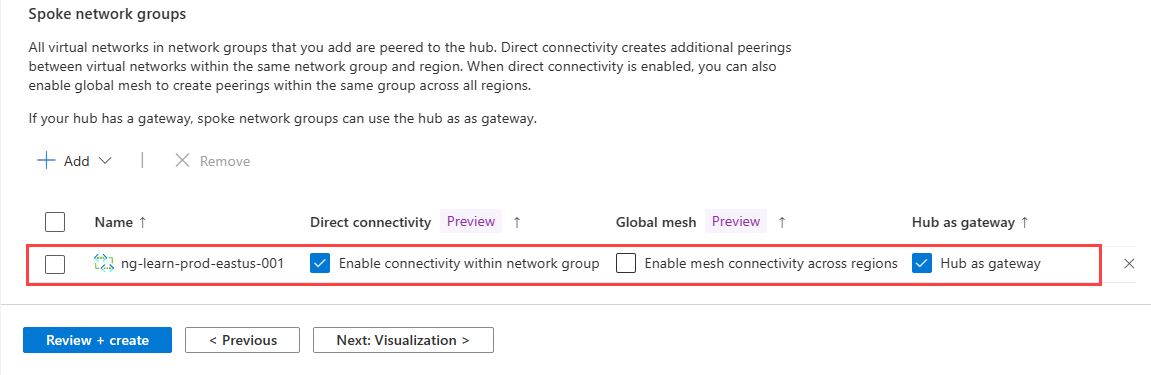 Captura de tela das configurações de grupos de rede spoke.