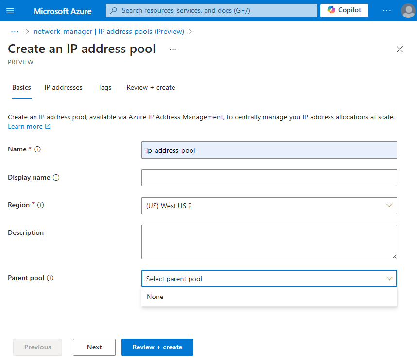 Captura de tela de Criar uma configuração de pool de endereços IP para um pool raiz.