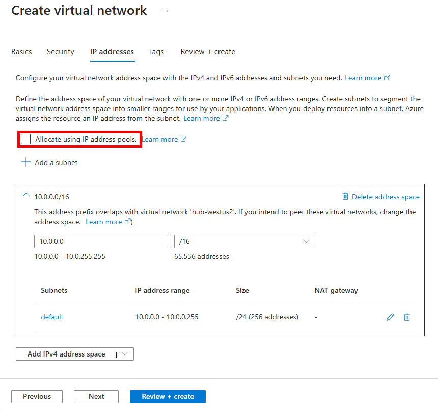 Captura de tela da janela Criar rede virtual com Alocar usando a configuração de endereço IP.