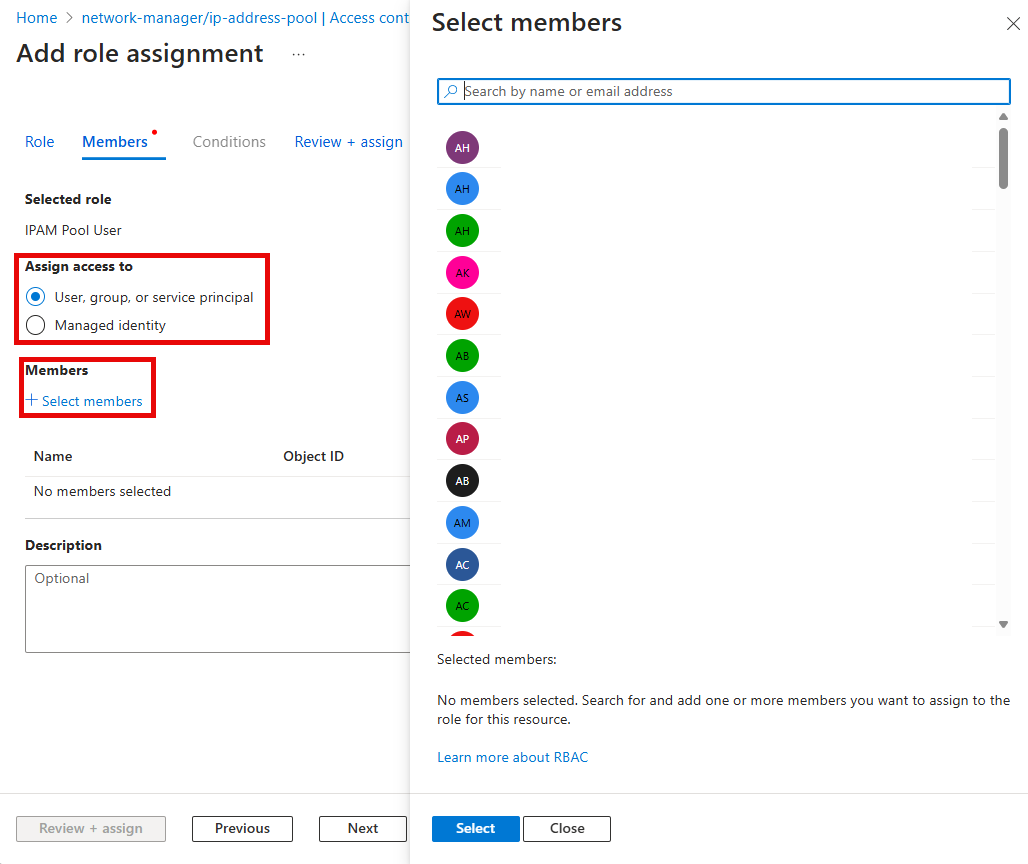 Captura de tela da janela Adicionar atribuição de função com o Usuário do Pool do IPAM selecionado.