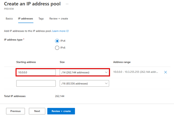 Captura de tela das configurações do intervalo de endereços IP para um pool raiz.