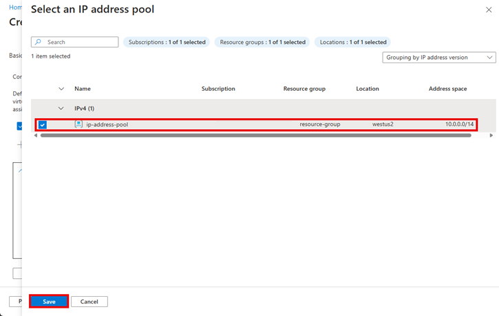 Captura de tela de Selecionar um pool de endereços IP com o pool de endereços IP selecionado.