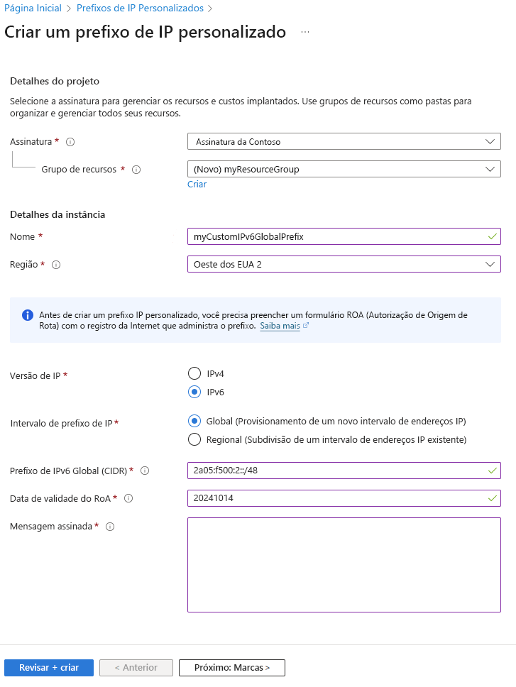 Captura de tela da página de criação do prefixo de IP personalizado no portal do Azure.