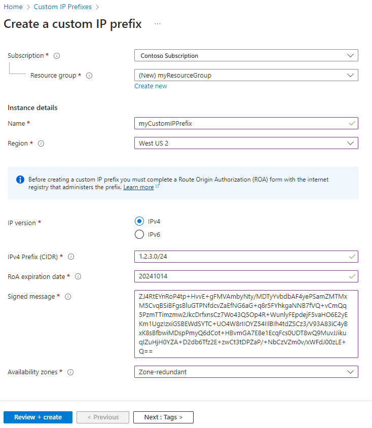 Captura de tela da página de criação do prefixo de IP personalizado no portal do Azure.