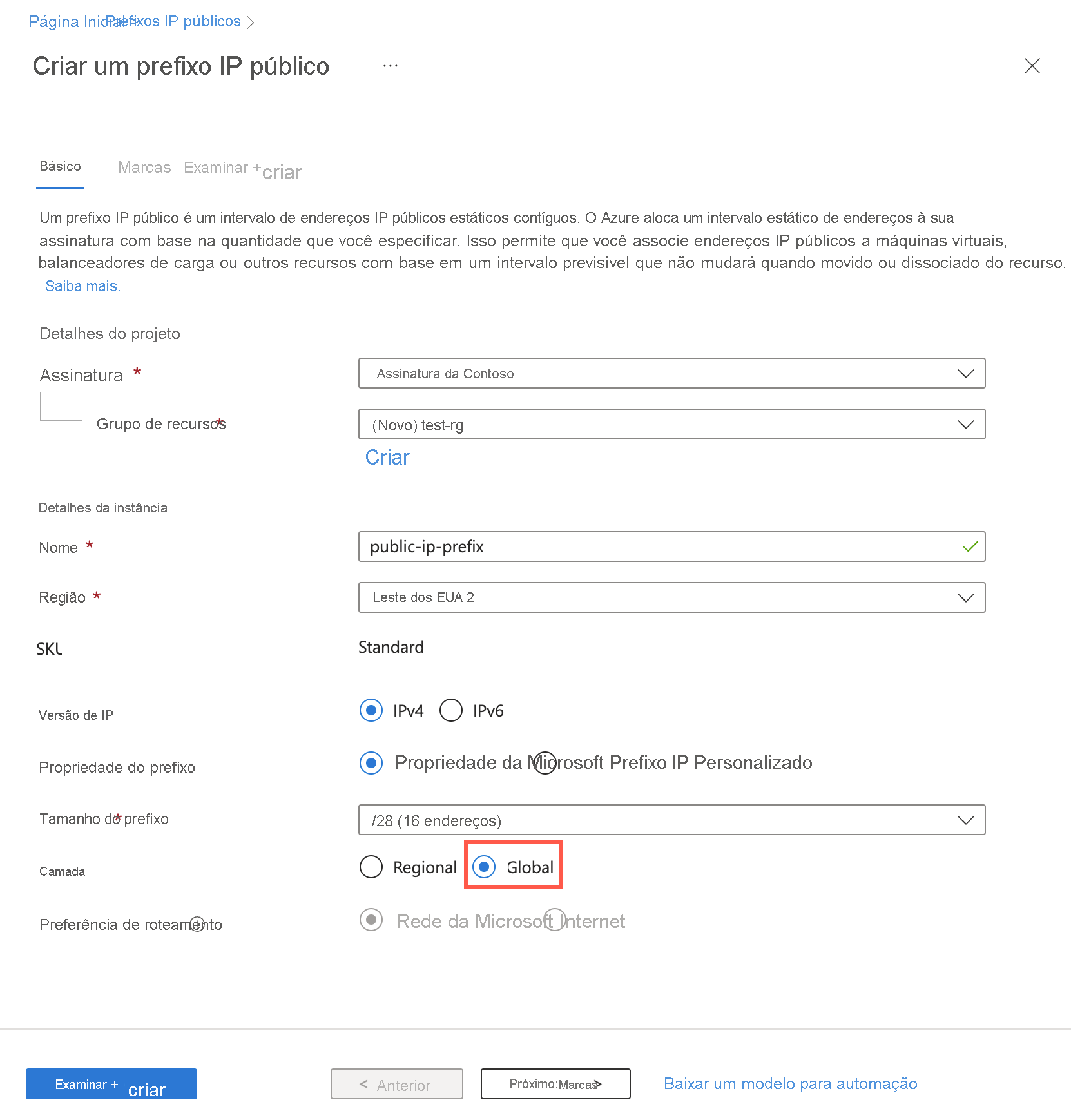 Captura de tela da criação de prefixo de endereço IP público com camada de serviço global no portal do Azure.