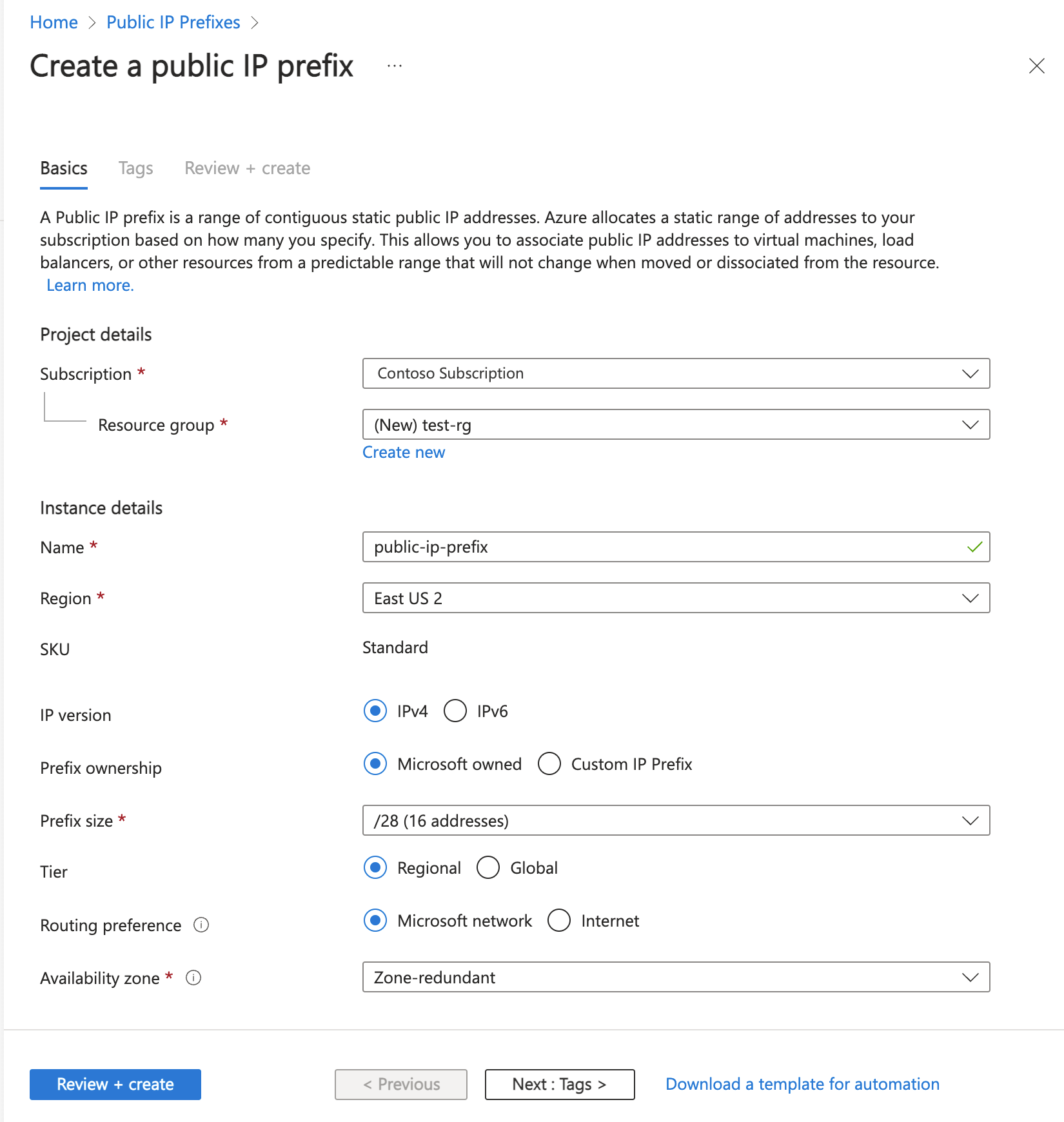 Captura de tela da criação de prefixo de endereço IP público com configurações padrão no portal do Azure.