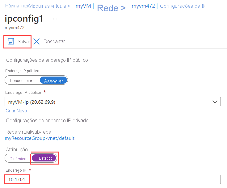 Captura de tela da opção de selecionar atribuição estática.