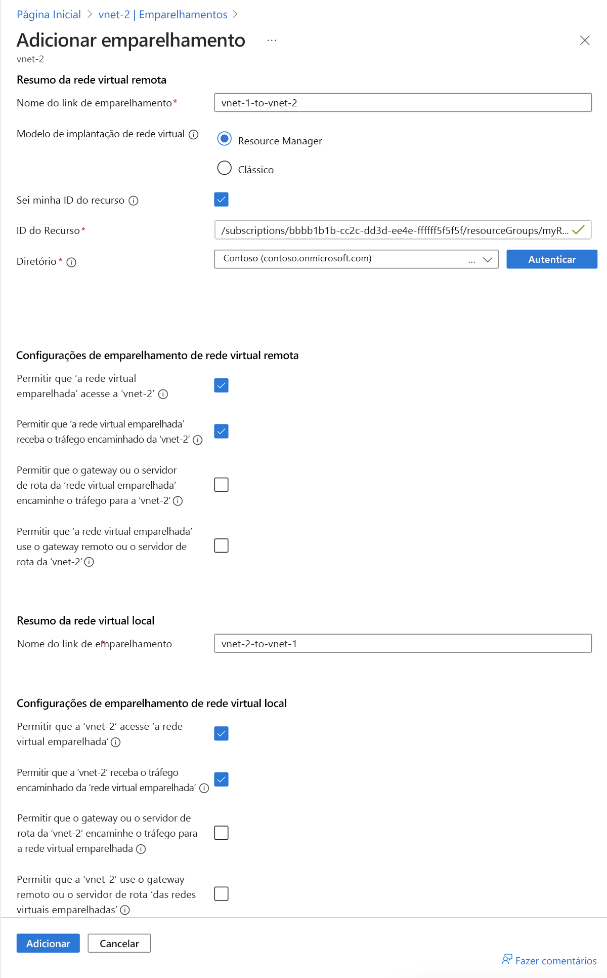 Captura de tela do peering da vnet-2 para a vnet-1.
