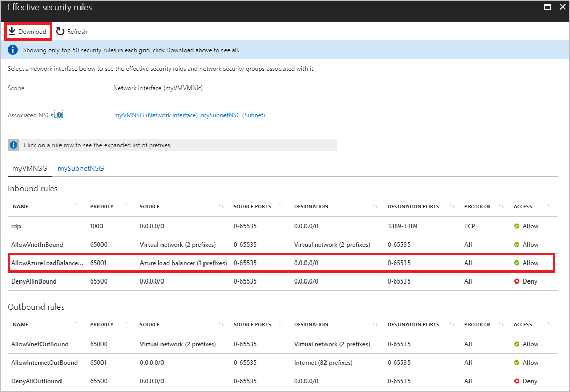 Captura de tela que mostra o painel de regras de segurança em vigor com Download selecionado e a Regra de entrada AllowAzureLoadBalancerInbound selecionada.