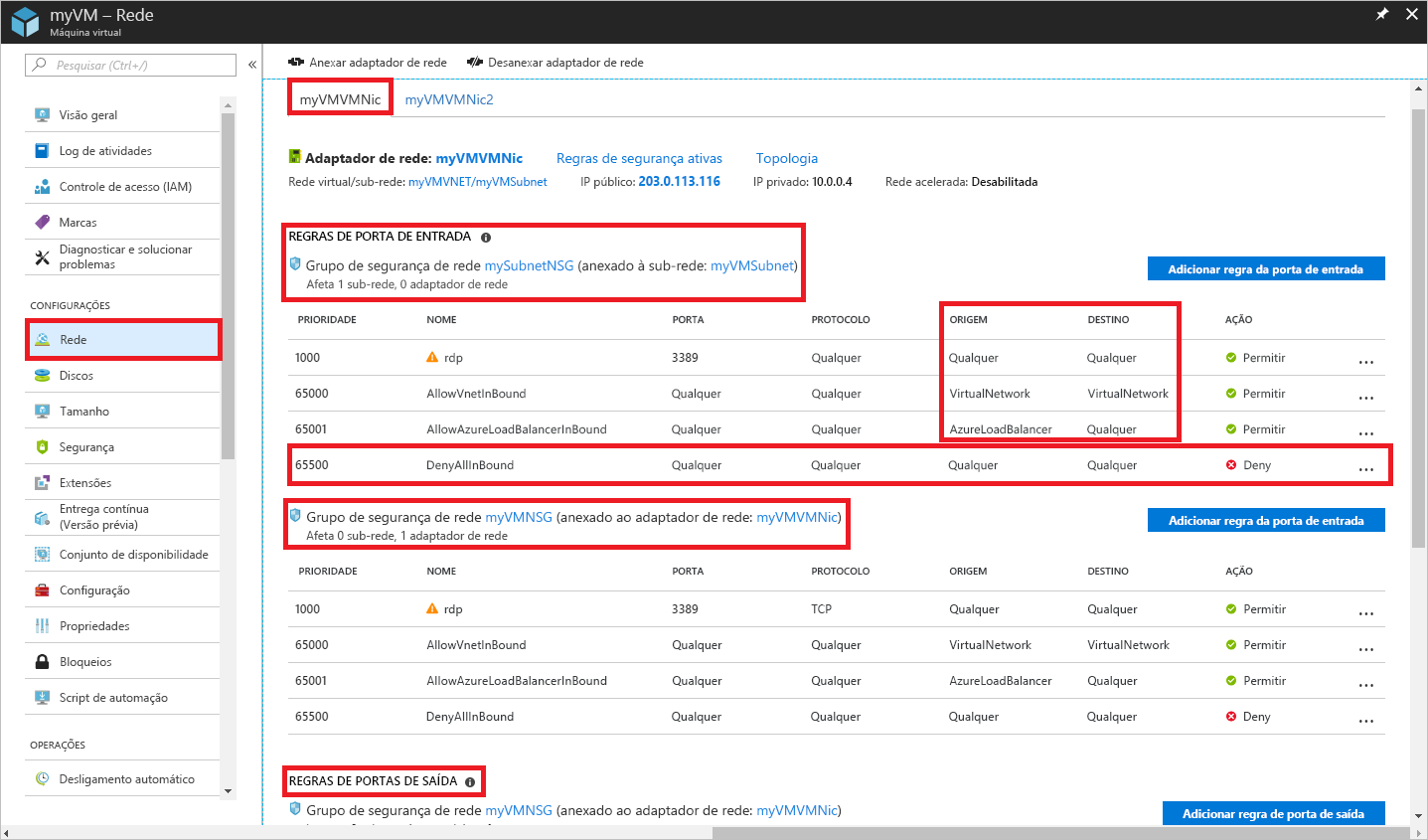 Captura de tela que mostra a portal do Azure com as configurações de rede de myVMVMNic.