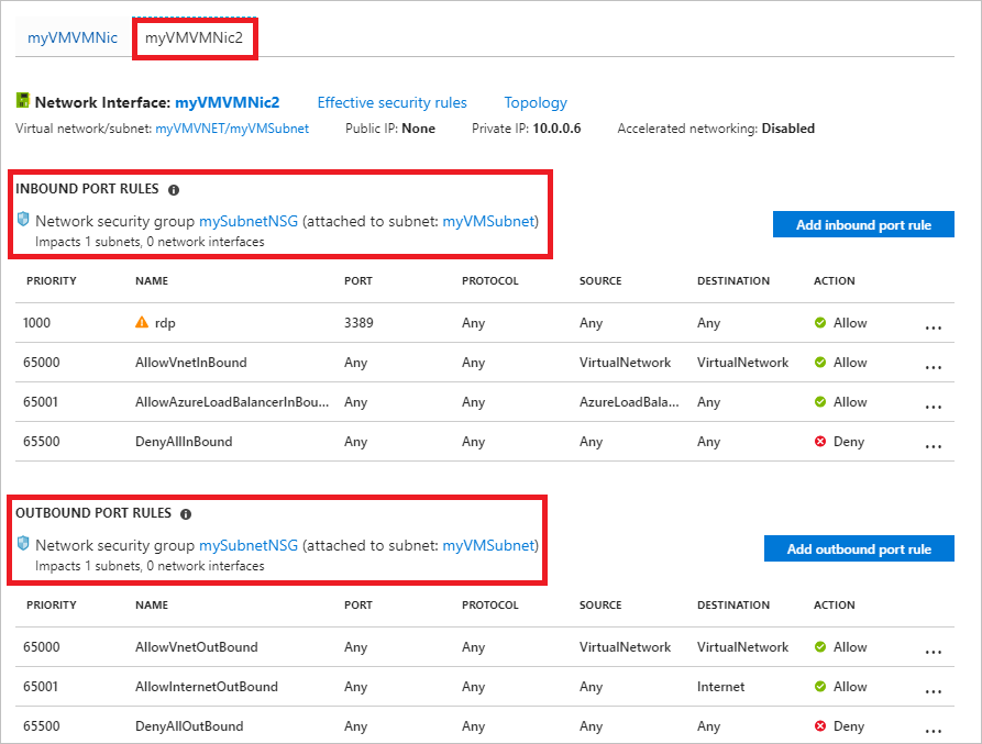 Captura de tela que mostra a portal do Azure com as configurações de rede de myVMVMNic2.