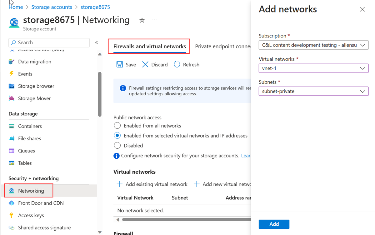 Captura de tela da restrição da conta de armazenamento à sub-rede e à rede virtual criada anteriormente.