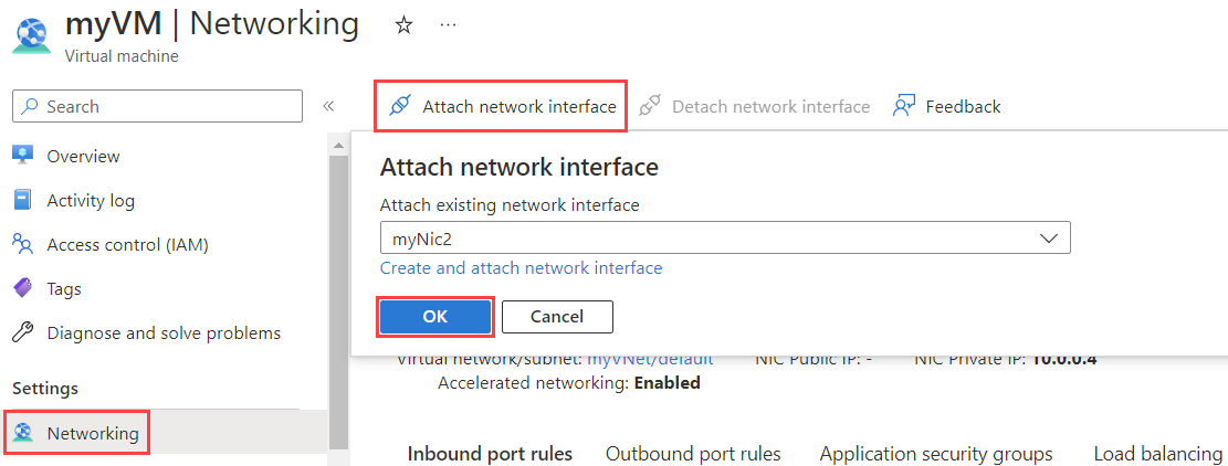 Captura de tela da anexação de um adaptador de rede a uma máquina virtual no portal do Azure.