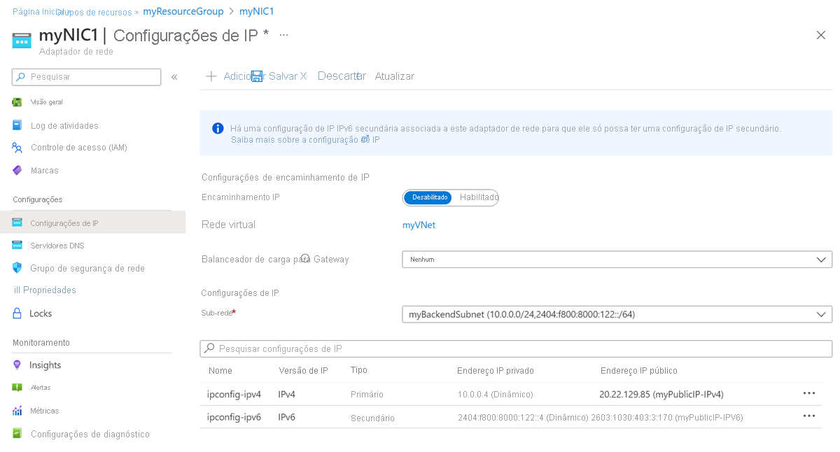 Captura de tela das configurações de IP da interface de rede.