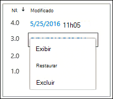 Menu Pendente de Opções para o Documento Escolhido, Ver, restaurar ou eliminar o documento.