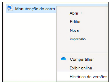 Histórico de Versões acedido no Explorer.