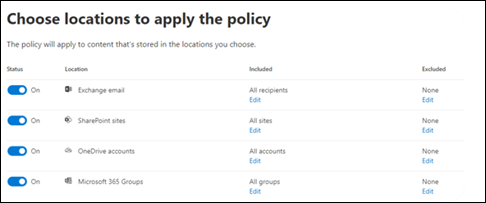 Exemplo de criação de uma política de retenção no portal do Microsoft Purview e escolha as localizações às quais pretende aplicar a política.