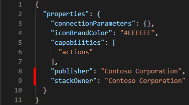 Captura de tela mostrando as propriedades publisher e stackOwner, disponíveis em trechos de código da amostra.