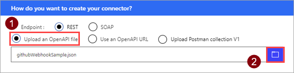 Captura de tela que mostra a opção Carregar um arquivo OpenAPI.