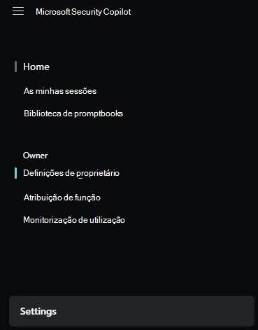 Captura de tela do menu de configurações do proprietário.