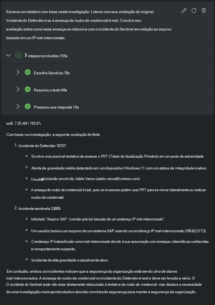 Captura de ecrã a mostrar o relatório de resumo da investigação.