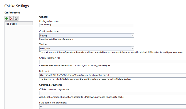 Captura de tela do editor de configurações CMake.