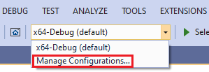 Captura de tela do menu suspenso de configuração do CMake. Gerenciar configurações está destacado.