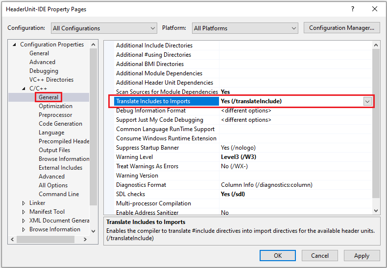 Captura de tela da caixa de diálogo Páginas de Propriedade com a propriedade Converter inclusões em importações destacada.