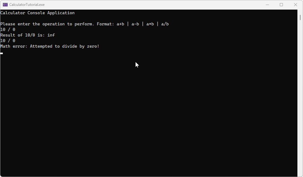 Captura de tela de uma janela do console mostrando a saída final após a implementação de alterações para lidar com a divisão por zero.