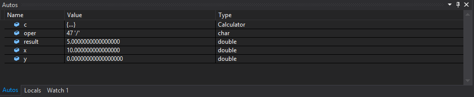 Captura de tela da janela Automáticos do depurador do Visual Studio.