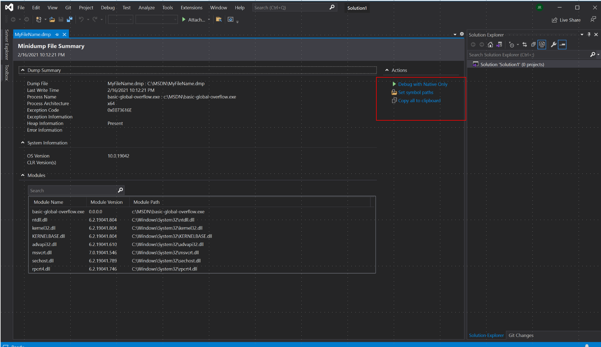 Captura de tela da exibição Resumo do Minidespejo no Visual Studio.