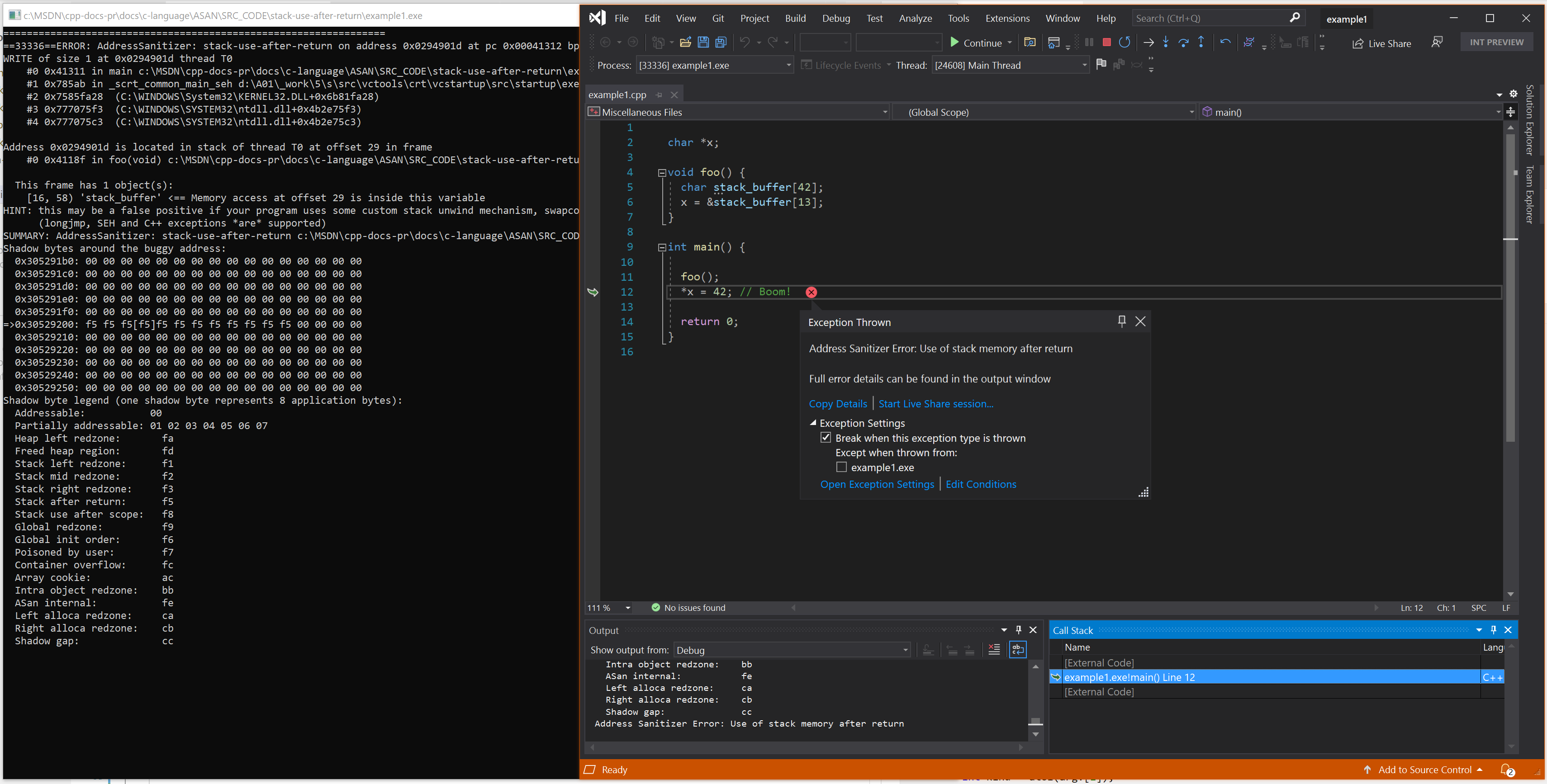 Captura de tela do depurador exibindo o erro stack-use-after-return no exemplo 1.