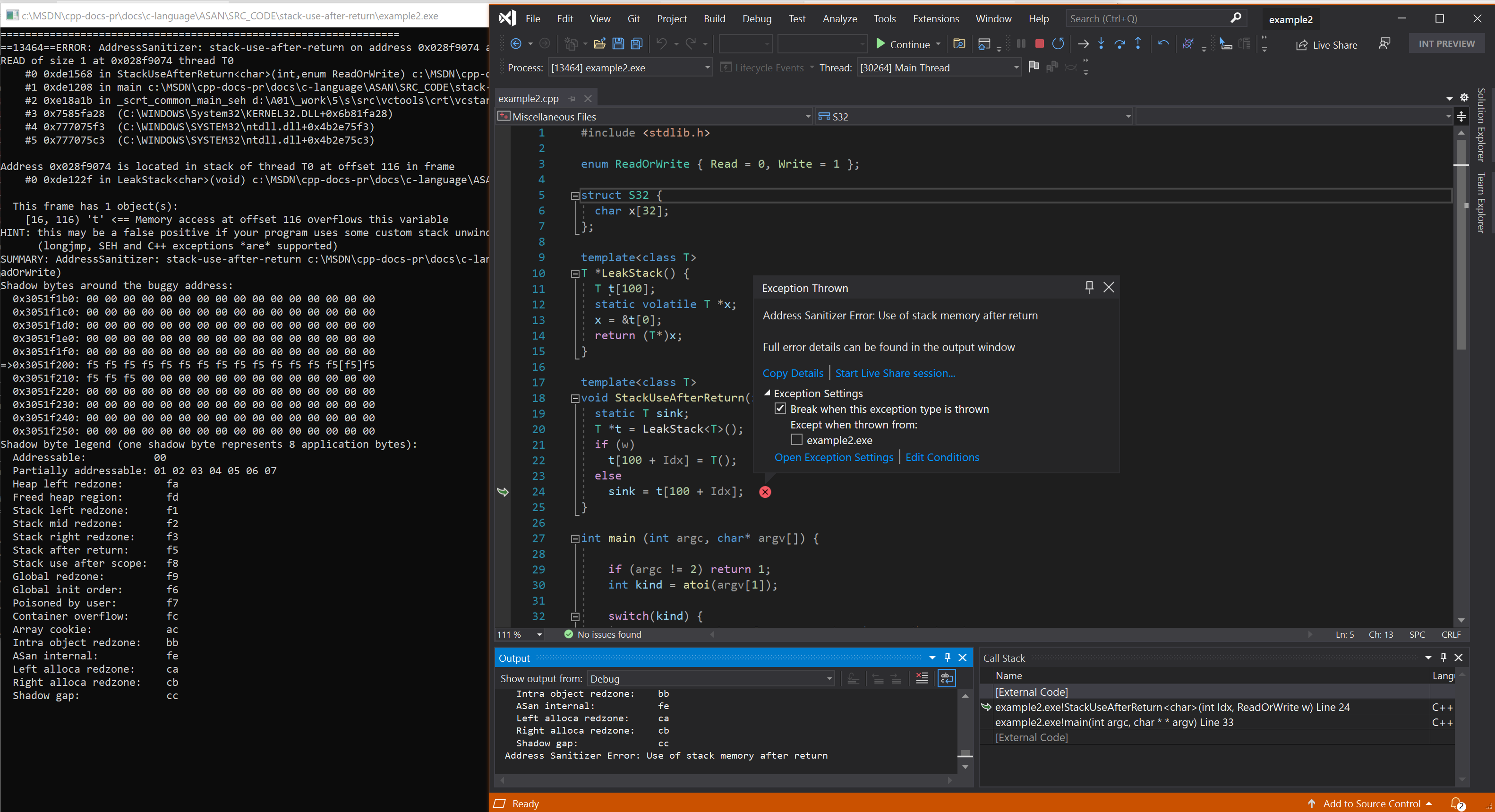 Captura de tela do depurador exibindo o erro stack-use-after-return no exemplo 2.