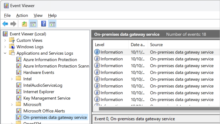 Logs de evento do gateway de dados local.