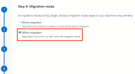 Captura de tela que mostra a seleção de migrações offline.