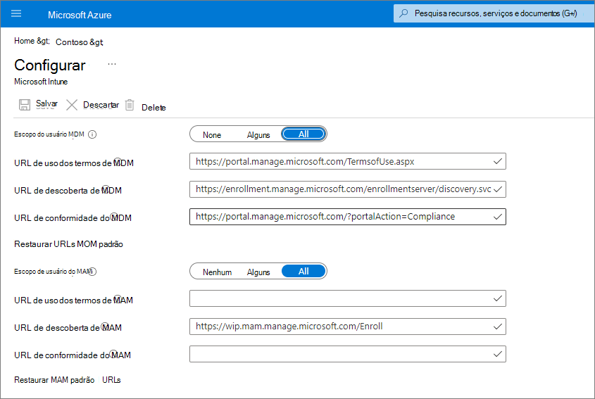 Captura de ecrã a mostrar a definição do âmbito do utilizador MDM e do âmbito do utilizador da MAM no Intune.