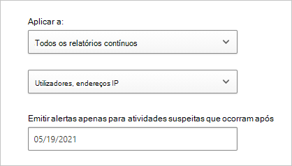 Captura de ecrã que mostra como configurar filtros de utilização de aplicações e a data de início para criar alertas de utilização.