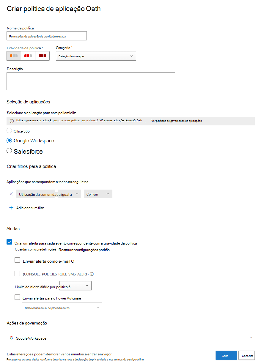 nova política de aplicações OAuth.