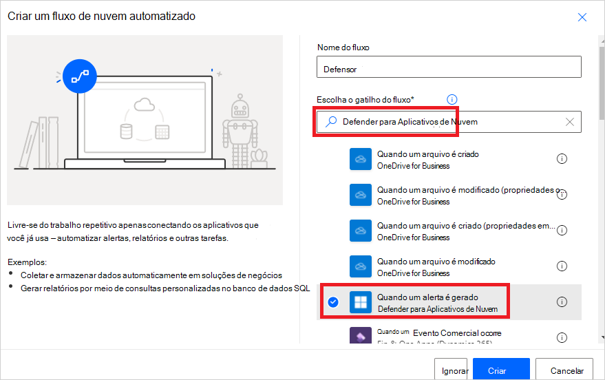 Power Automate quando é gerado um alerta.